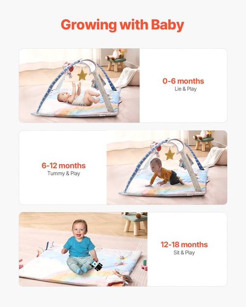Baby Play Gym Mat, Tummy Time Mat with 6 Sensory Toys, Baby Activity