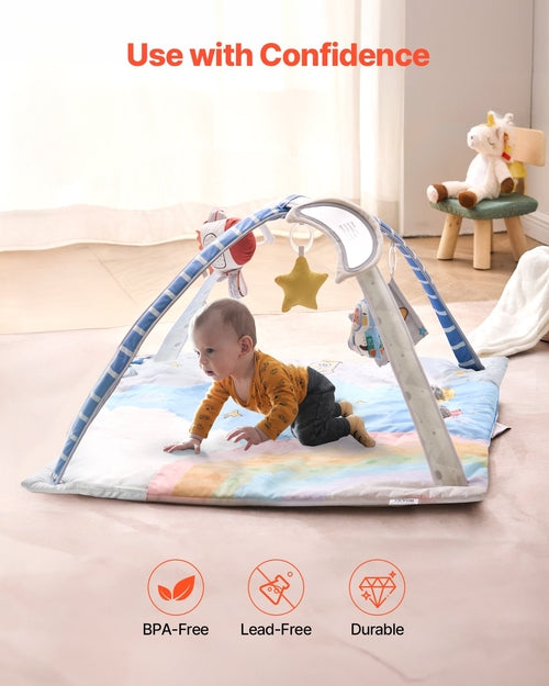Baby Play Gym Mat, Tummy Time Mat with 6 Sensory Toys, Baby Activity