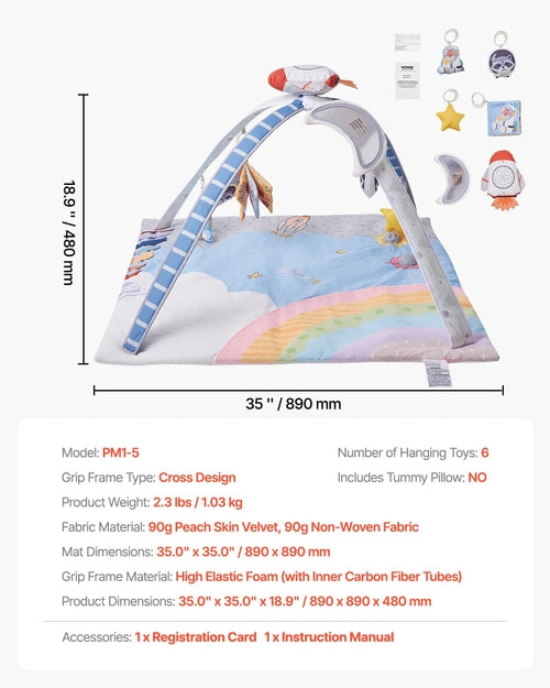 Baby Play Gym Mat, Tummy Time Mat with 6 Sensory Toys, Baby Activity